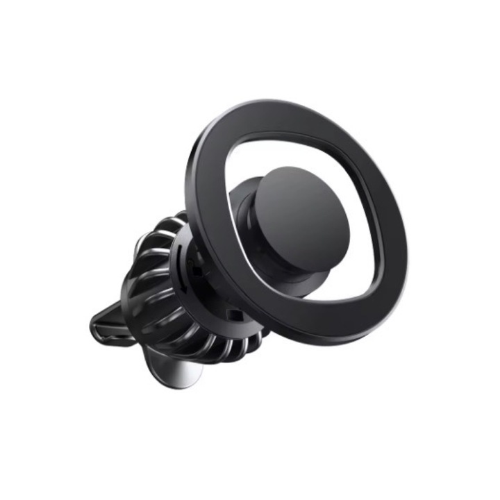 Mágneses autós tartó, kerek, MagSafe kompatibilis, 360 fokos elforgatás, klipsz a szellőzőrácsban, erős mágnesek, fekete szürke