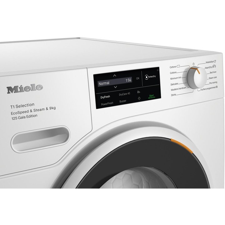 Uscator de rufe Miele TSL 683WP LW 125 Gala Edition, 9 kg, EcoSpeed&Steam, SteamFinish, DryCare 40, alb