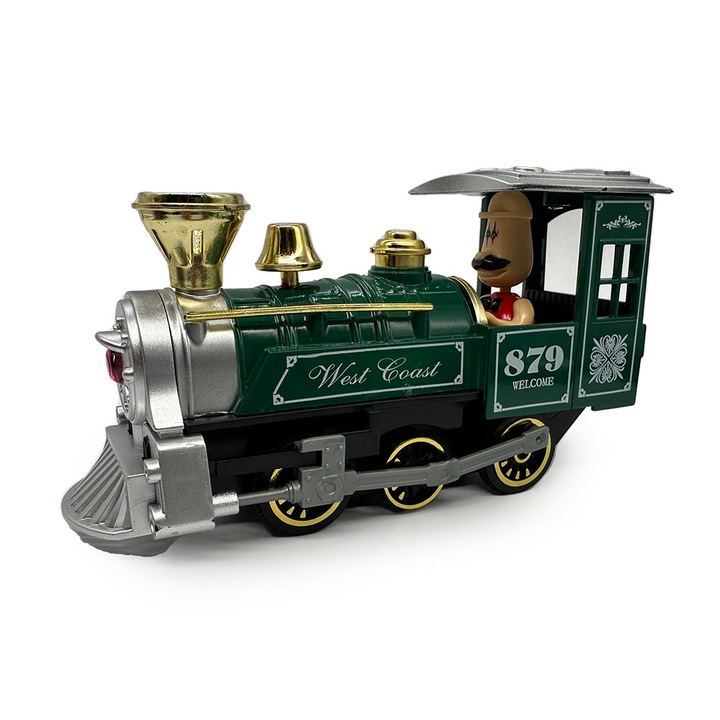 Macheta din metal si plastic, Locomotiva Clasica, Sunet si Lumini, se deschid usi, Pull Back, 14cm, Verde, Vision XXI