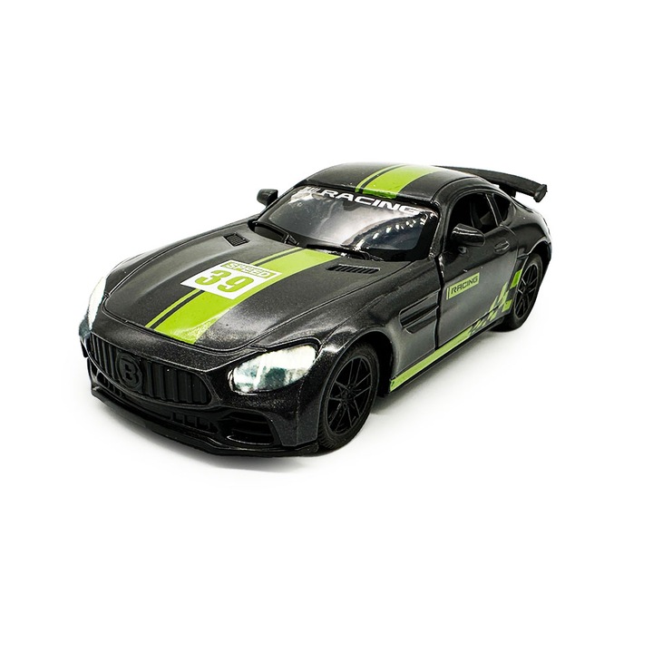 Fém versenyautó, Mercedes-AMG GT4, 1:36, Fények, Hangok, Visszahúzható, Nyíló ajtók, Fekete, 12cm, VisionXXI