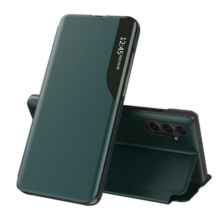 Защитен флип капак, съвместим с Samsung Galaxy A25 5G, eFold, екологична кожа, тъмно зелен