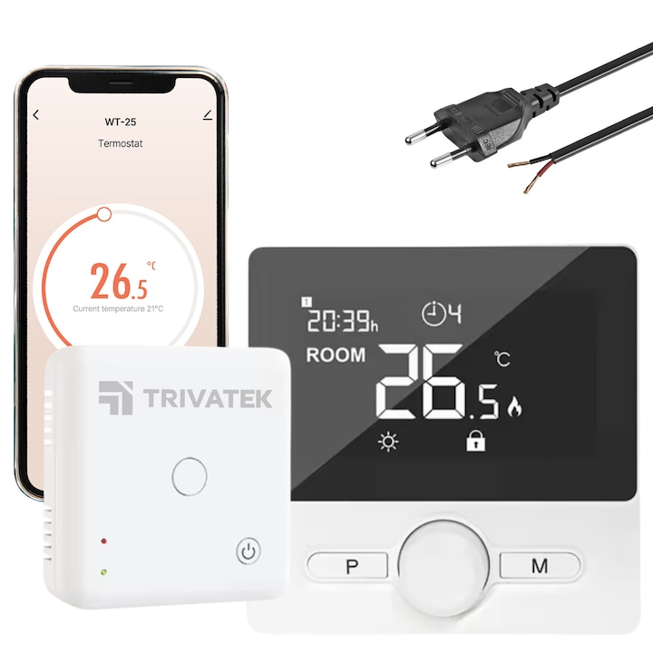 TRIVATEK Intelligens környezeti termosztát, WiFi, alkalmazásvezérlés, kompatibilis a Google / Alexával, hangvezérlés, bármilyen típusú gáz-/elektromos fűtőberendezéssel kompatibilis, fali és asztali támogatás, csatlakozókábel és hálózati tápkábel