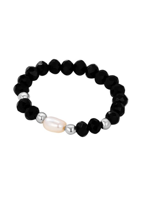 Inel elastic Black Onix cu bilute din argint 925 de 2, 5 mm si perla de cultura, masura ajustabila, aniversare, sarbatori, martisor