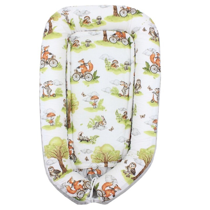 Cuib minky, Vulpea si prietenii, gri cu alb, 80x50 cm