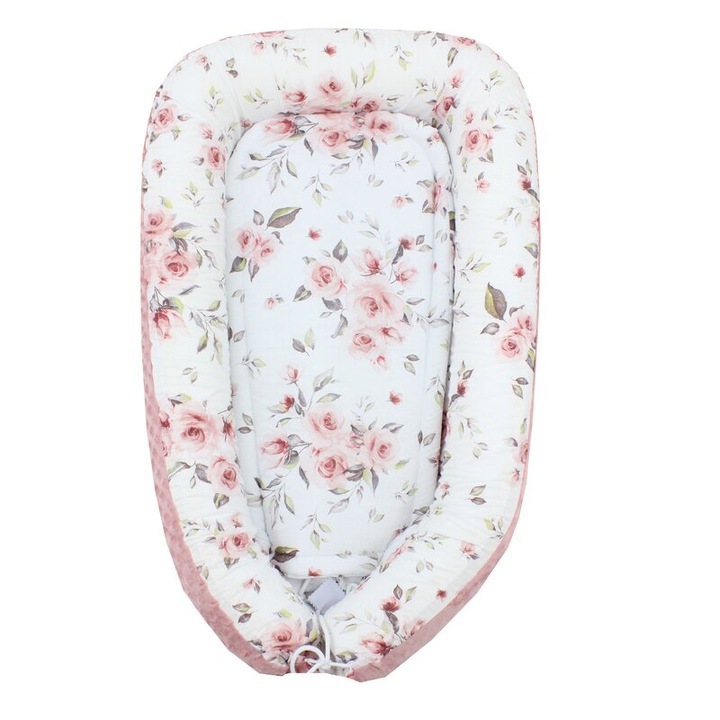 Cuib minky, Flowers, roz cu alb, 80x50 cm