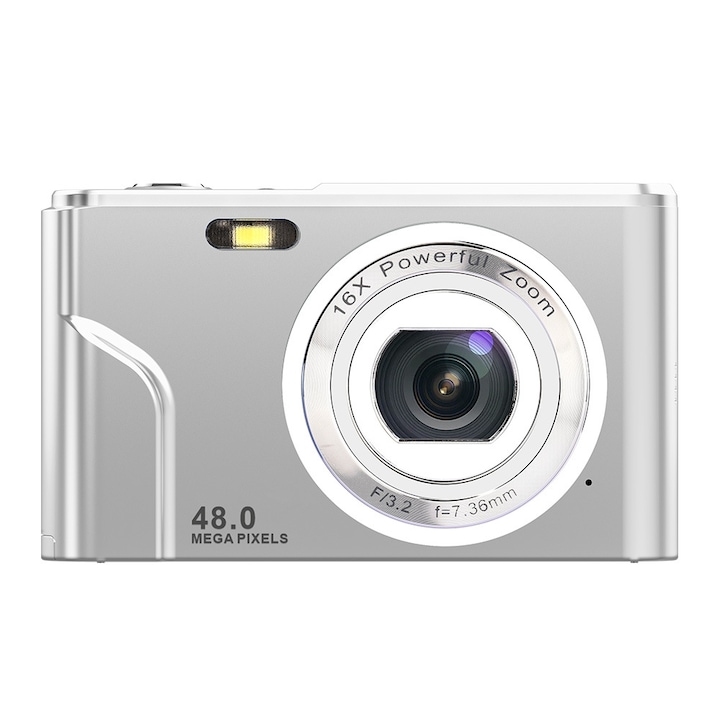 Aparat foto digital, 48 megapixeli, zoom de 16x, cu card de memorie de 32 GB, compact si portabil, incarcare prin USB, culoare argintie