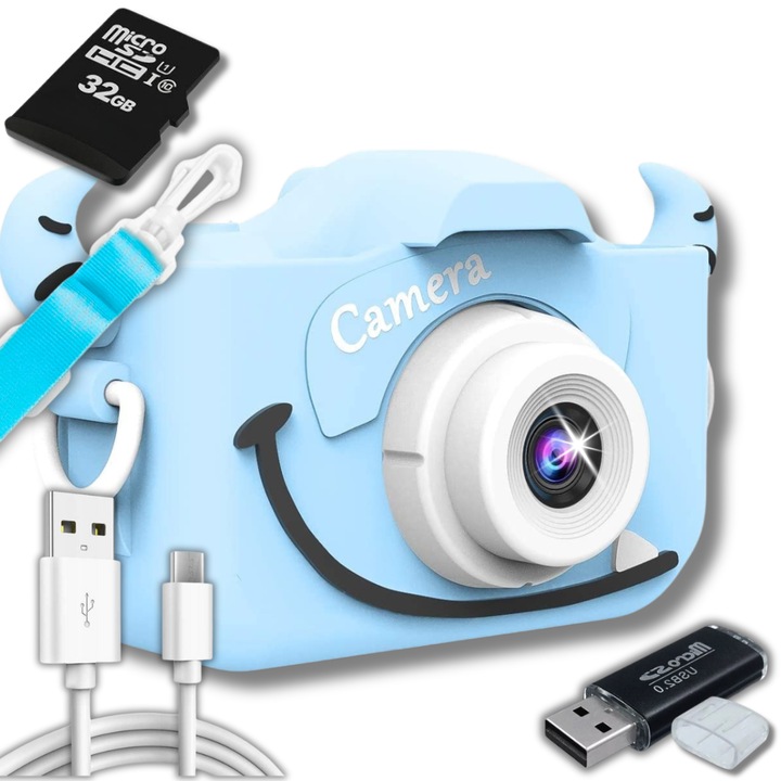 Camera foto digitala pentru copii, ZeeTech, Monster, 3 Mpx, Card MicroSD de 32 GB, Jocuri, 1080p, Ecran de 2", Albastru