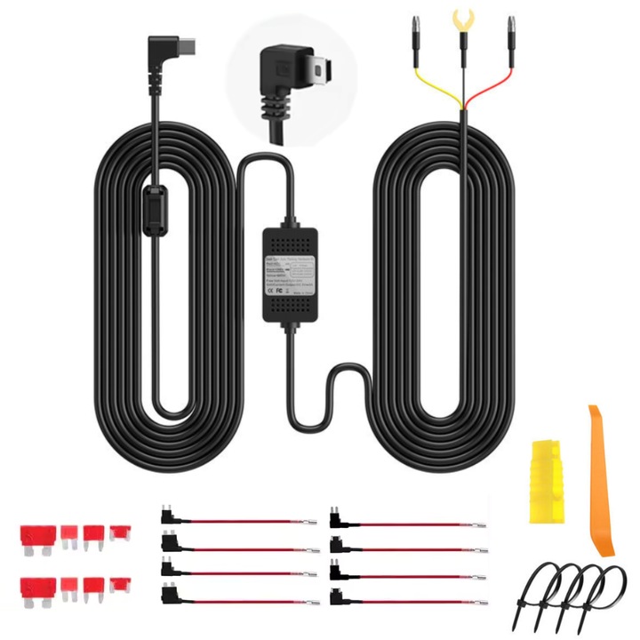 Tápegység készlet műszerfali kamerához a biztosítéktáblához 12-24V transzformátorral Mini USB 5V/3A-ra, kábel hossza 3,5m, akkumulátor lemerülés elleni védelem, biztosítékadapterek mellékelve