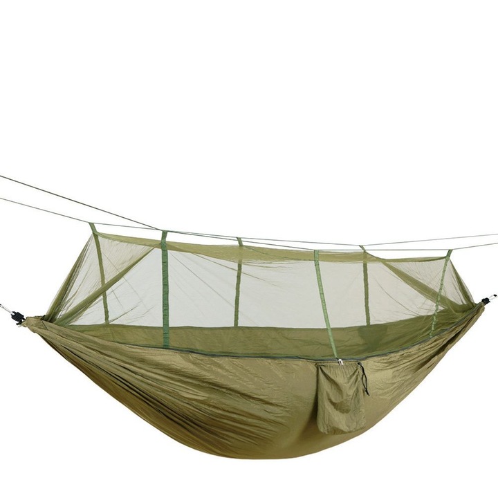 Hamac cu plasa de protectie impotriva tantarilor/insectelor, 4 accesorii, capacitate maxima 180 kg, army green
