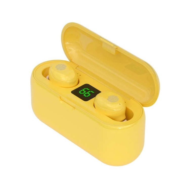 Planet Tech F9 vezeték nélküli fülhallgató, Bluetooth 5.0, vízálló, automatikus párosítás, érintésvezérlés, Powerbank 2000 mAh, sárga