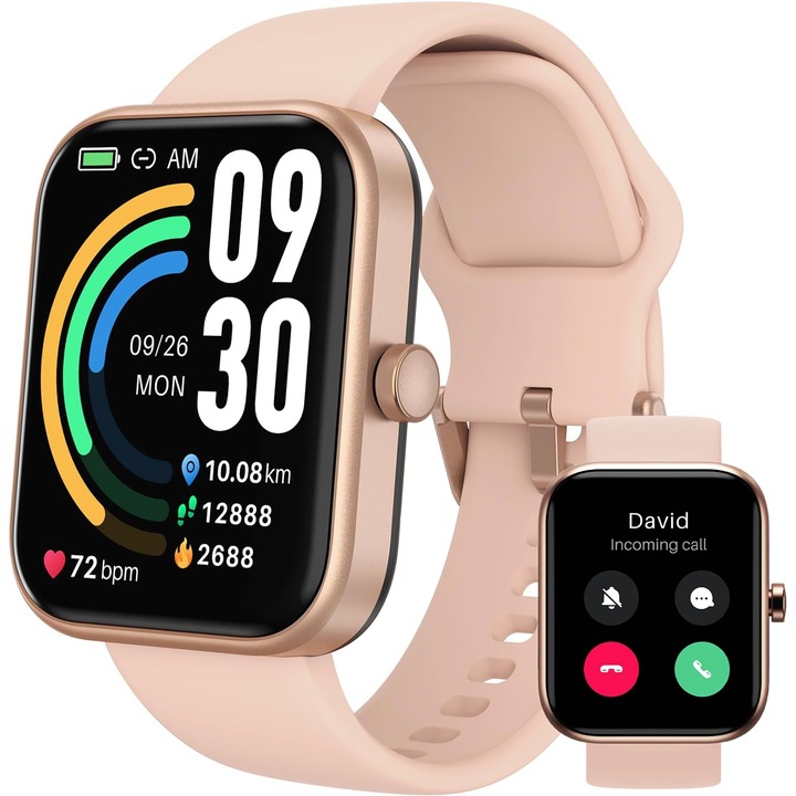 Часовник Smartwatch TOZO® S3 Bluetooth HD обаждане, 1.83” Ultra Touch, 24/7 Fitness Tracker, Монитор на сърдечната честота, SpO2 оксиметър, сън, Известия, Автономност 10 дни, Музикален плеър, метеорологично време, Силиконова каишка, Rose Gold