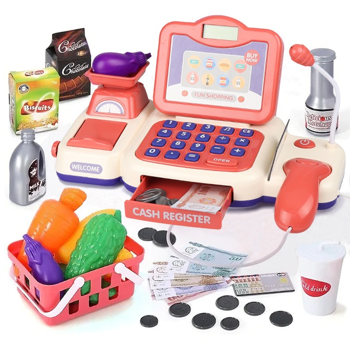 Casa de Marcat Pentru Copii, Creyoo®, Jucarii de Invatare de Numarare Cu Sunete, Supermarket Checkout Game Role Play, Include Calculatoare / Carti de Credit / Jucarii Alimentare / Microfon, Potrivit Pentru 3-10 Ani, 32 Piese, Baieti Fete Cadou de Vacanta