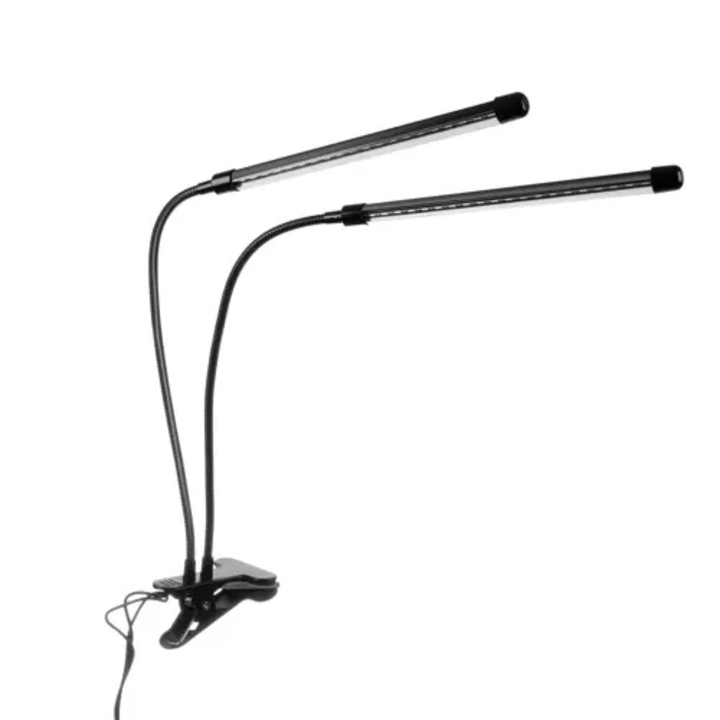 Lampa UV pentru cresterea plantelor pentru interior cu 2 brate reglabile VarioShop®, lumina LED, 3 moduri, 9 trepte intensitate, cu temporizator, mod de prindere: cleste, alimentare priza, Negru