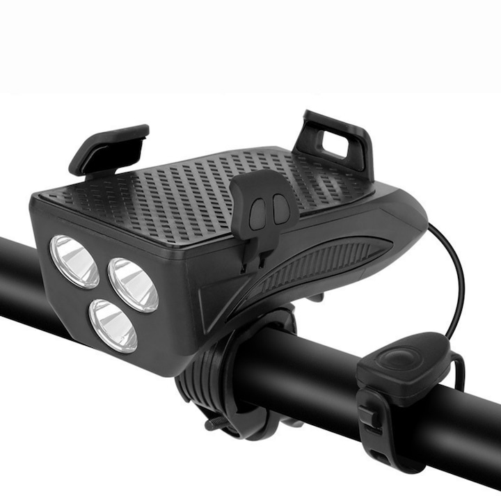 TrendiShop® 4 az 1-ben kerékpár lámpa, LED fényszóró, telefontartó, 4 hüvelyk és 6,3 hüvelyk között, kürt, Power Bank 4000, 400 lumen, 5 hang, fekete, vízálló, ajándék piros hátsó lámpa