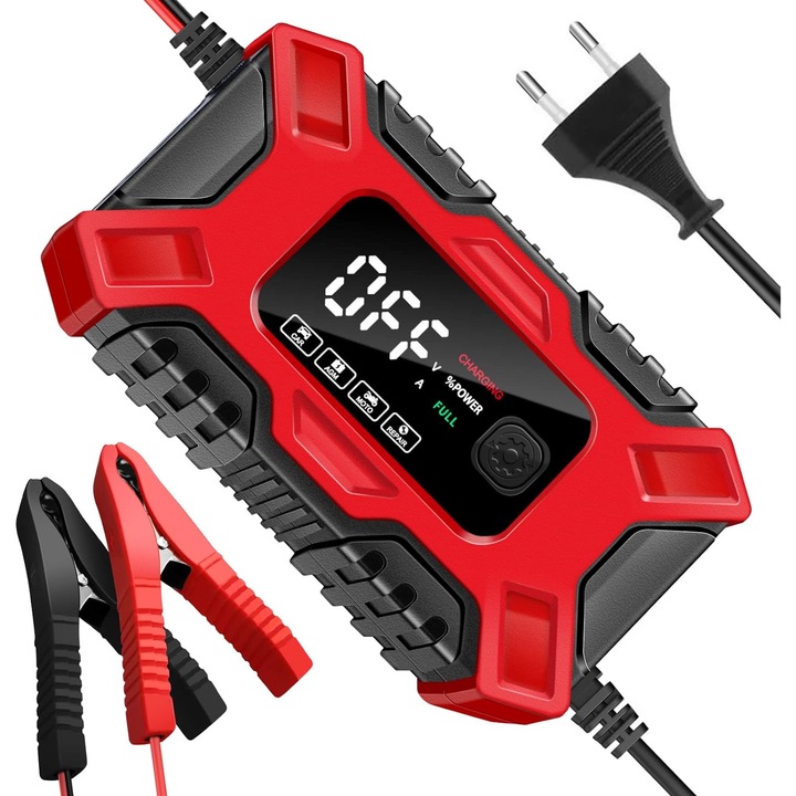 Redresor Smart Acumulatori Auto-Moto, Flexzon, 12V, 4ah-100ah, Rosu/Negru