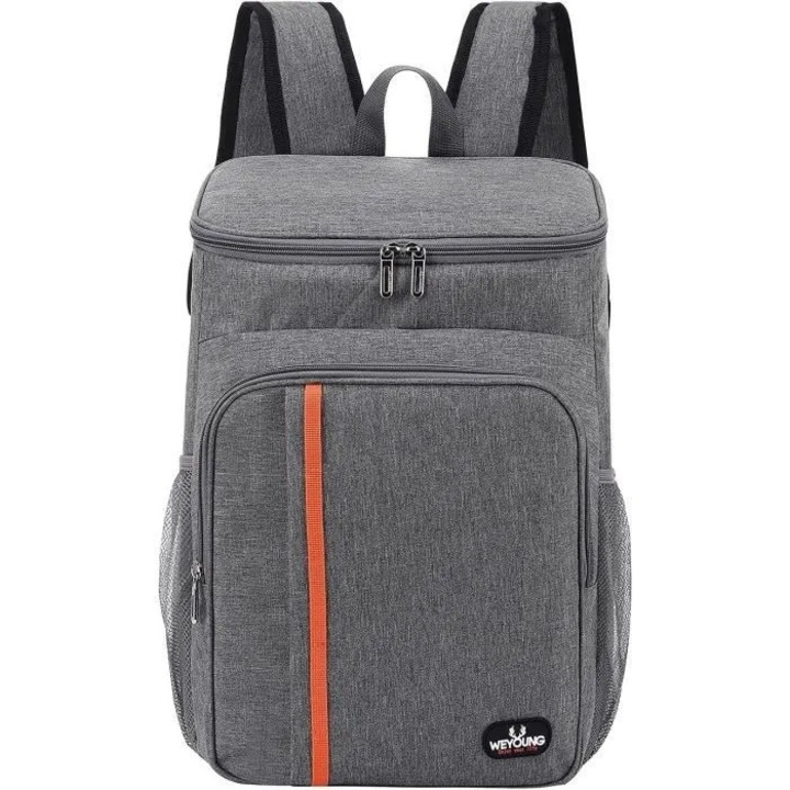 Geanta termoizolanta tip rucsac pentru picnic sau camping, Tecos, 18L, impermeabil, gri, dimensiuni 42 x 29 x 19 centimetri