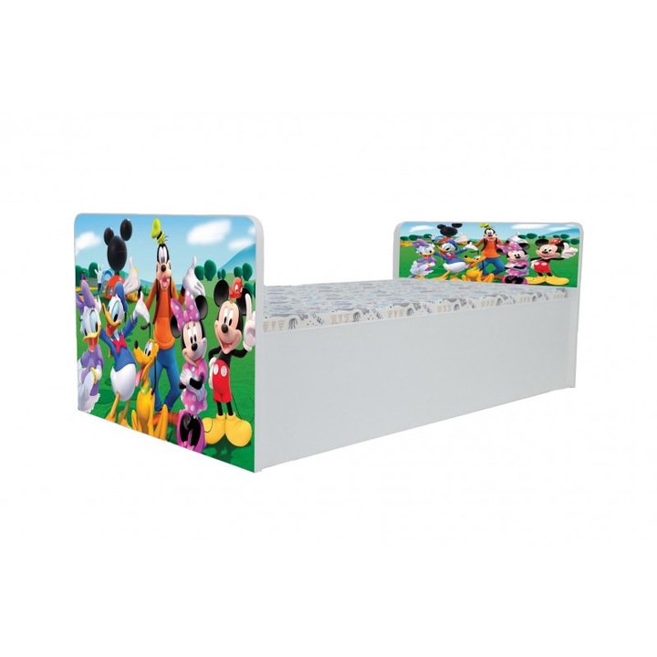 Pat pentru copii Mickey Mouse, 130x60 cm, alb/multicolor, saltea inclusa