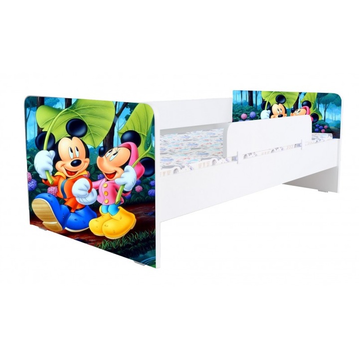 Pat pentru copii Kiddy Mickey si Minnie, 180x80, alb/multicolor, saltea inclusa