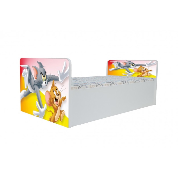 Pat pentru copii Aero Tom si Jerry, 160x80 cm, alb/multicolor, saltea inclusa