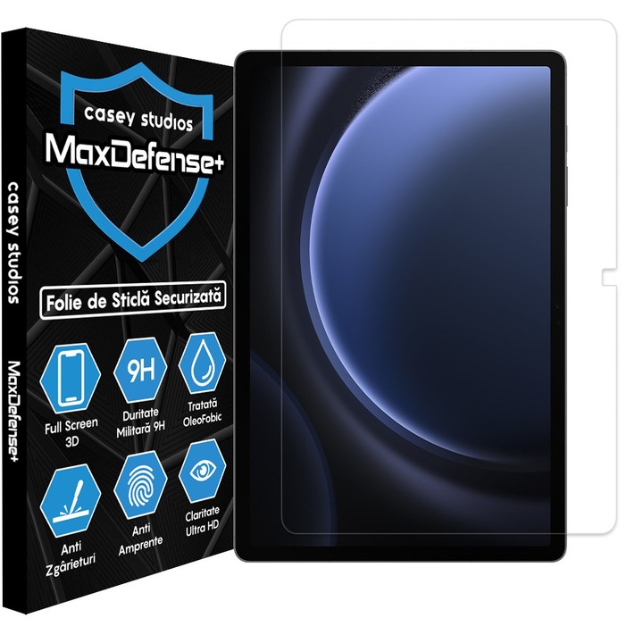 CASEY STUDIOS™ üvegfólia Samsung Galaxy Tab S9 FE Plus 5G/S9 Plus/S8 Plus/S7 Plus/S7 FE 12.5"-hez, Teljes 3D képernyővédelem, Full Glue, Edzett üveg, Katonai keménység, Ultra HD, Professzionális 3D képernyővédelem, Karcálló, Ütésálló, Átlátszó
