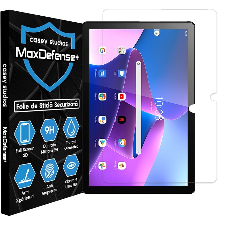 CASEY STUDIOS üvegfólia Lenovo Tab M10 Plus Gen 3 2022 10.6" (TB-328FU) tablethez, teljes 3D fólia, teljes ragasztó, edzett üveg, katonai keménység, Ultra HD, professzionális 3D képernyővédelem, karcálló, ütésálló, átlátszó