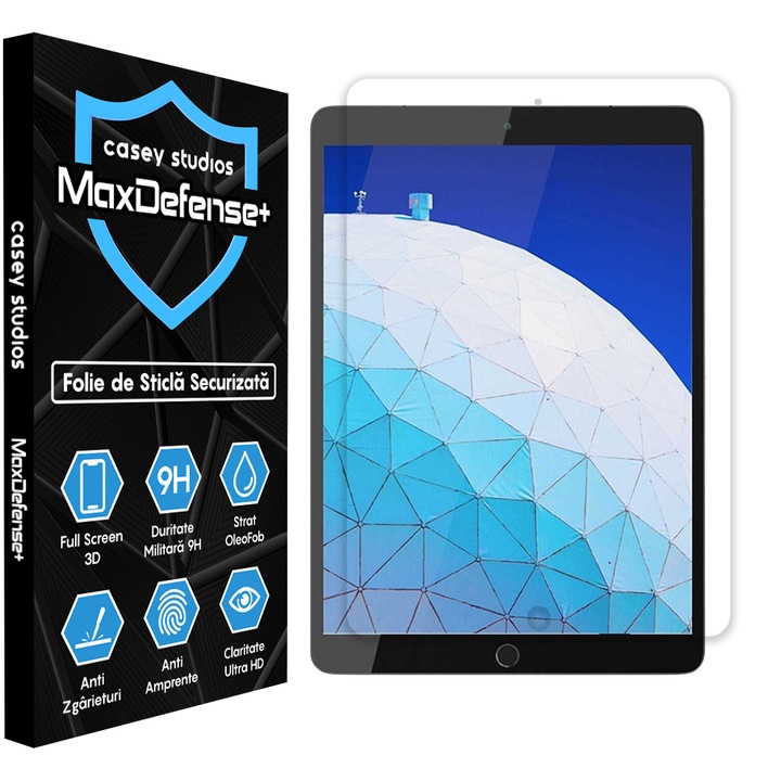 Folie Sticla CASEY STUDIOS™ pentru Apple iPad Air 3 (2019)/Pro 2 (2017), 10.5", Full Cover 3D, Full Glue, Sticla Securizata, Duritate Militara, Ultra HD, Protectie Profesionala Ecran 3D, Anti Zgarieturi, Anti Socuri, Transparenta