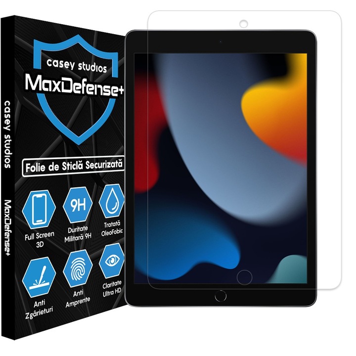 Folie Sticla CASEY STUDIOS™ pentru Apple iPad 9/8/7 (2021/2020/2019), 10.2", Full Cover 3D, Full Glue, Sticla Securizata, Duritate Militara, Ultra HD, Protectie Profesionala Ecran 3D, Anti Zgarieturi, Anti Socuri, Transparenta