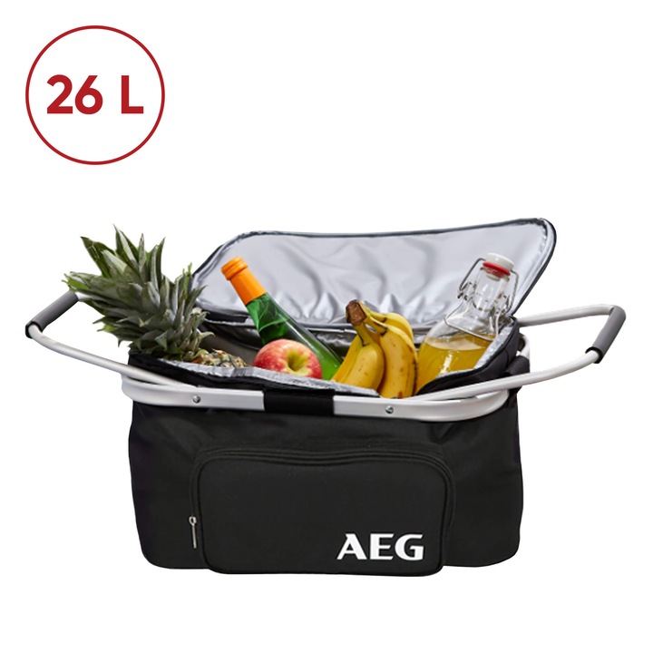 Lada frigorifica portabila tip cos termic picnic cumparaturi auto AEG KS26, 12V, pliabil, functie de racire, capacitate 26L, manere de transport, 30 x 25 x 35 cm