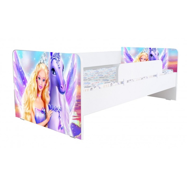 Pat pentru copii Kiddy Barbie, 180x80, alb/multicolor, saltea inclusa