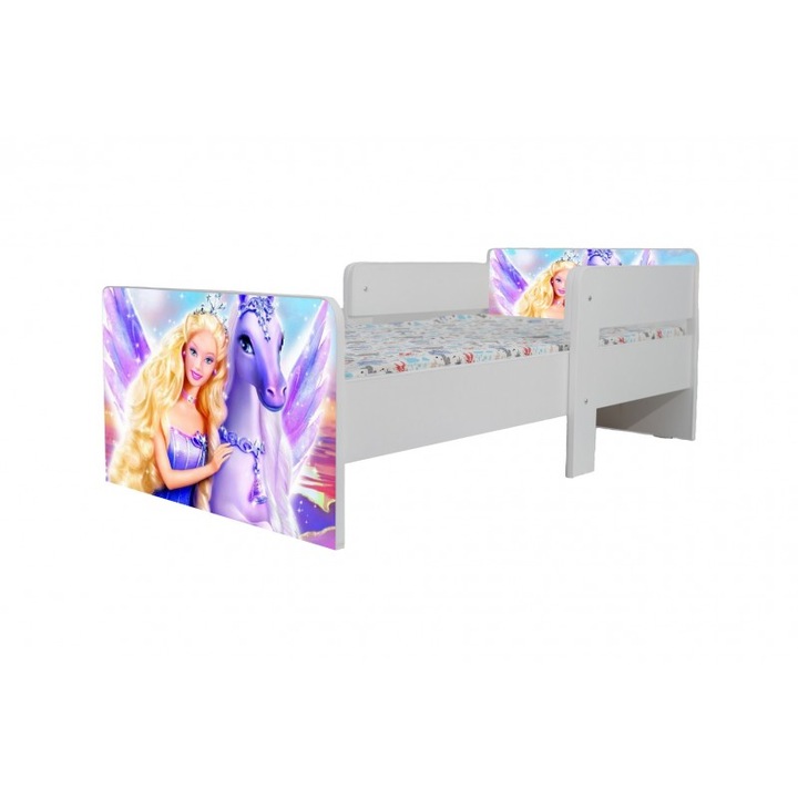 Pat pentru copii Star Barbie, 180x80 cm, alb/multicolor, saltea inclusa