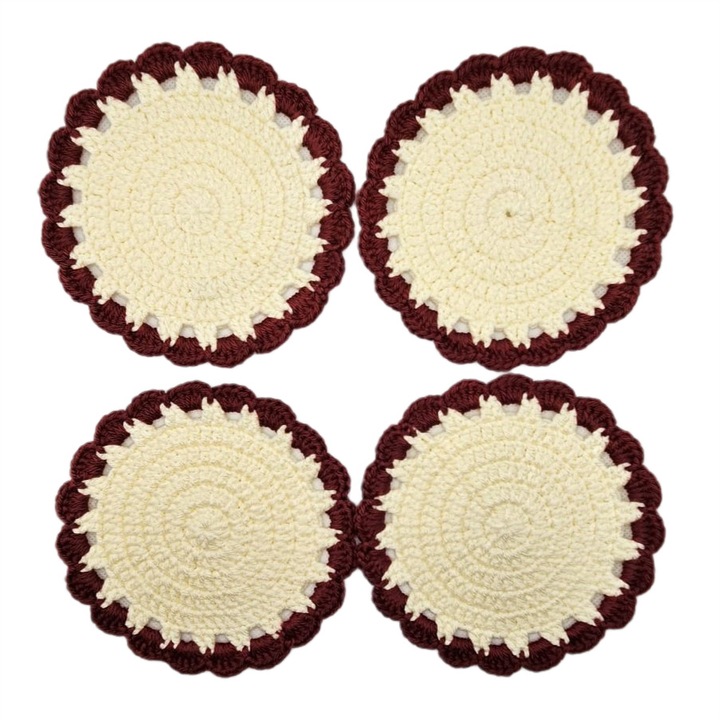 Set 4 suporturi pahare, coaster clasic crosetat manual, bordo cu crem