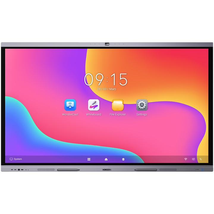 Interaktív kijelző HORIZON Series A3C, 75", 4K UHD, Android 13, 8 GB RAM, 128 GB tárhely, 45 érintési pont, 8 MP kamera, 8 zónás mikrofon