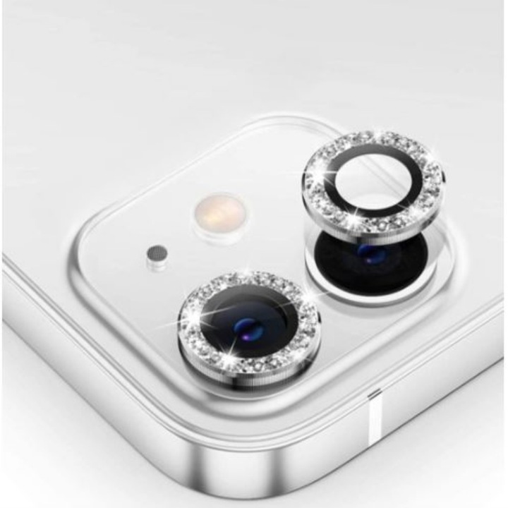 Strasszkő kameravédő fólia iPhone 11 / 12 / 12 Mini telefonhoz, Biztonsági üveg, 2 darab, Ultra Slim, 9H Keménység, Karcolásgátló, Ujjlenyomat mentes, Ütésgátló, Ezüst, Atlas,