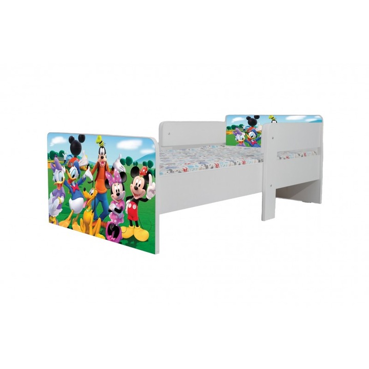 Pat pentru copii Star Mickey si prietenii, 160x80 cm, alb/multicolor, saltea inclusa