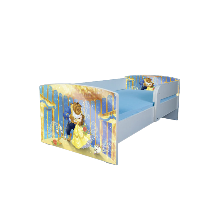 Pat pentru copii Frumoasa si Bestia, 140x70 cm, alb/multicolor, saltea inclusa