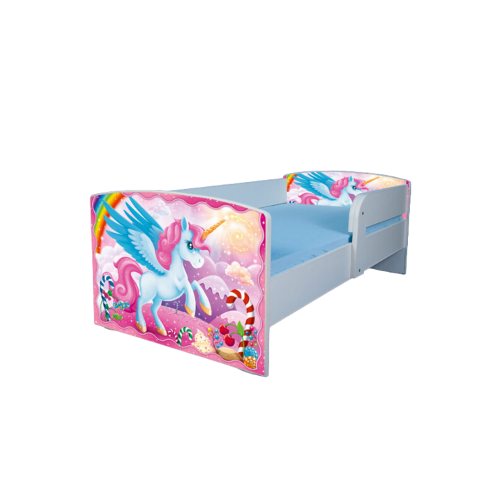 Pat pentru copii Micii Ponei, 180x80 cm, alb/multicolor, saltea inclusa