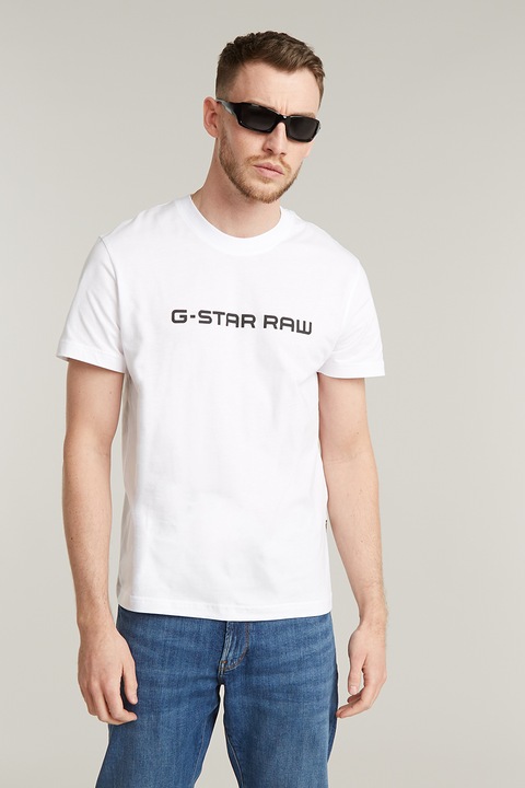 G-Star RAW, Тениска от органичен памук с овално деколте, Бял/Черен