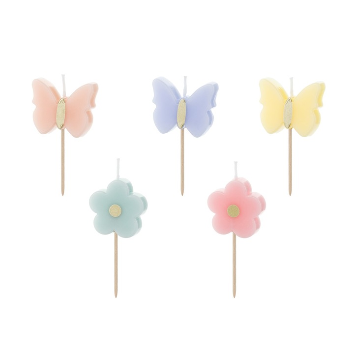 Комплект от 5 свещи за торта, Party Deco, форма на пеперуда и цвете, 3,5 см, многоцветни