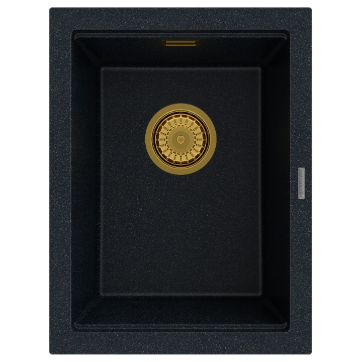 Chiuveta granit GRANITAN TUGA38, neagra cu particule aurii, montaj flexibil sub blat sau pe blat, chiuveta cu o singura cuva adanca, sifon manual auriu economizor de spatiu, impregnant GraniProtect inclus, rezistenta superioara la zgarietur