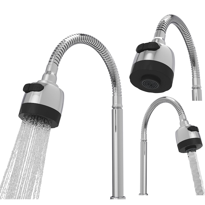 Pipa Flexibila Pentru Baterie, Granitan, Flex, Argintie, Crom, Reglabila, Varf Cu Doua Functii, Perlator Aerator, Rezistenta La Temperatura Ridicata, Memorie Forma, Usor De Montat, Ideala Pentru Chiuvete Bucatarie
