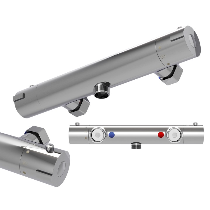 Baterie termostatice, Granitan, Tip suport cu doua manere, Montare pe perete, Tip amestecare cu doua butoane, Tip cap termostatic, finisaje premium, Argintiu