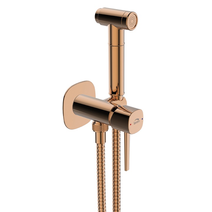 Set baterie bideta cu sistem de dus, Granitan, Auriu roz, 131 mm x 27 mm x 1500 mm, Montare in perete, Tip amestecator monocomanda, Tip cartus ceramic, Aur roz, 2 racorduri flexibile + sistem de prindere