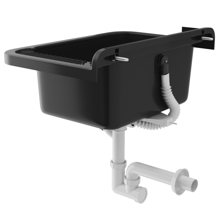 Chiuveta utilitara Granitan, polipropilena rezistenta la substante chimice si temperaturi ridicate, neagra, de 50x34x21cm, cu sifon inclus, ideala pentru garaj, atelier si spalatorie, montaj universal