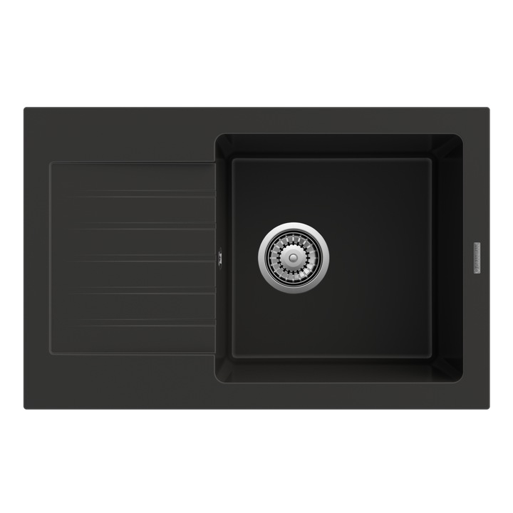 Set complet chiuveta de granit negru Mino cu scurgator integrat, baterie bucatarie moderna Grado cu pipa flexibila, cos pliabil universal, kit preaplin si valva, plus impregnant GraniProtect, ideal pentru bucatarii functionale si elegante