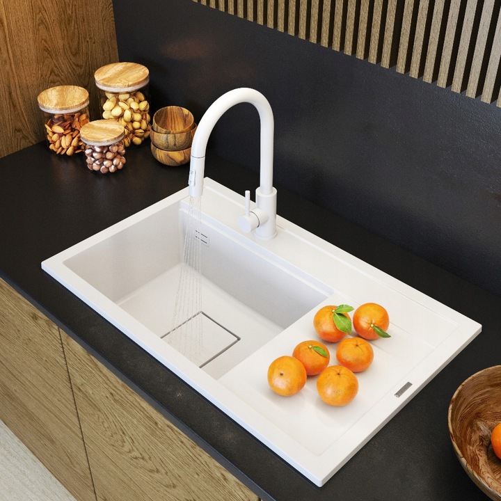 Chiuveta granit alb, baterie bucatarie, capac, set rendo modern