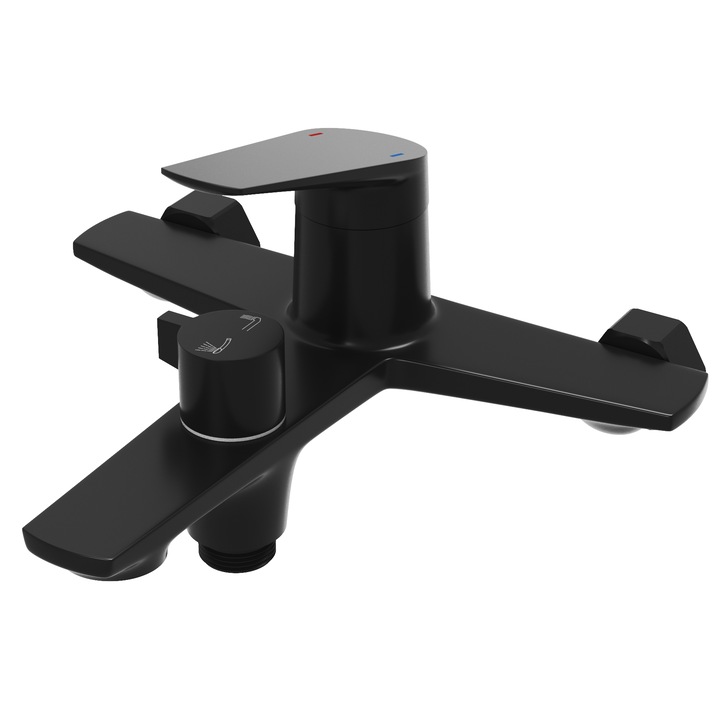 Set baterie pentru cada si dus cu kit de montaj, Granitan, NAVE, 200 mm x 125 mm, alama, Cap ceramic, Distanta de montaj 150 mm, Raza de actiune a robinetului de la perete la aerator 168,5 mm, Negru