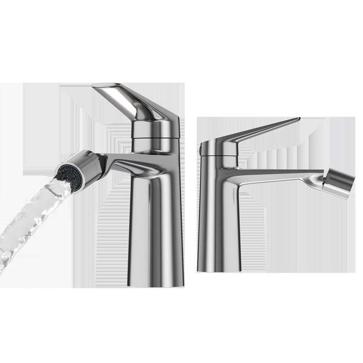 Set baterie bideta cu kit de montaj, Nave, 146 mm x 128 mm, alama, cap ceramic, orificiu de montaj 35 mm, Crom, 2 racorduri flexibile + sistem de prindere