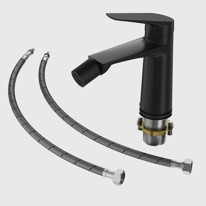 Set baterie bideta cu kit de montaj, Nave, 146 mm x 85 mm, alama, cartus ceramic, orificiu de montaj 35 mm, raza de actiune 128 mm, negru, 2 racorduri flexibile + sistem de prindere