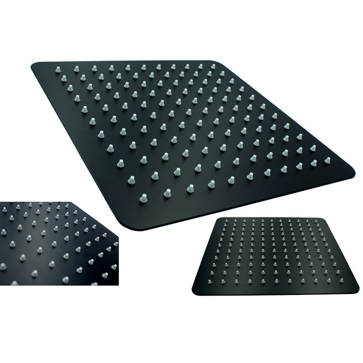 Para de dus fixa patrata neagra slim metalica 25x25 cm, cap superior din otel inoxidabil ultra-subtire, design modern minimalist anti-calcar, instalare usoara pentru experienta premium