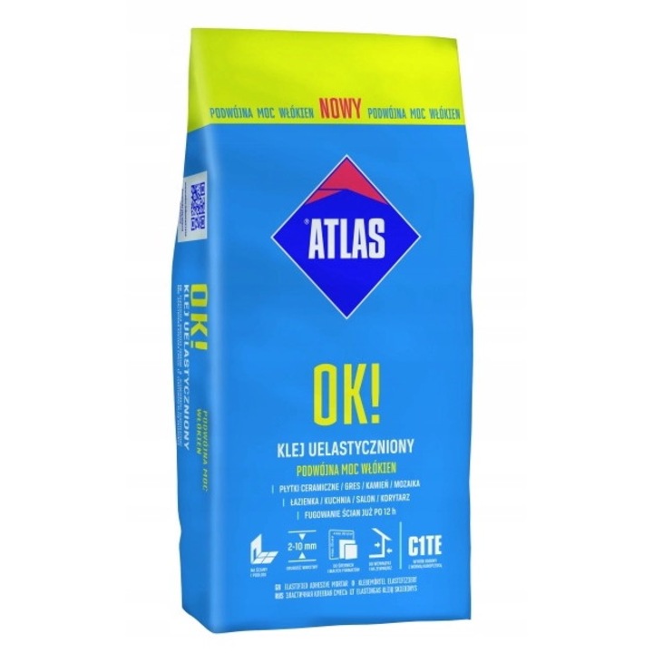Лепило за керамични плочки Atlas, еластично, армирано с влакна, 5 кг, химична и механична устойчивост, 2-10 мм